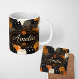 Personalized Custom Name Cute Halloween Cats Black Orange Neutral Tones Seamless Pattern Name 11oz Ceramic Coffee Tea Mug White Large Handle