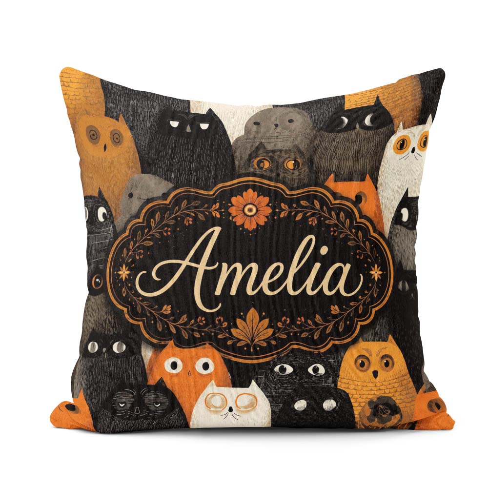 Custom Name Cute Halloween Cats Black Orange Tones Seamless Name Square Filled Cushion Throw Pillow Sofa Bed Home Decor Zip Washable UK Made