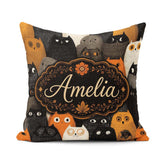 Custom Name Cute Halloween Cats Black Orange Tones Seamless Name Square Filled Cushion Throw Pillow Sofa Bed Home Decor Zip Washable UK Made