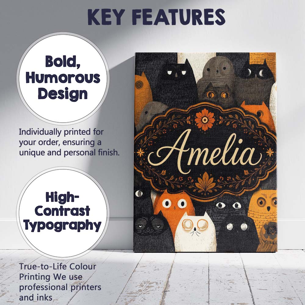 Personalised Name Cute Halloween Cats Black Custom  Bespoke Interior Contemporary Canvas Wall Art Print Decor Picture Ready to Hang