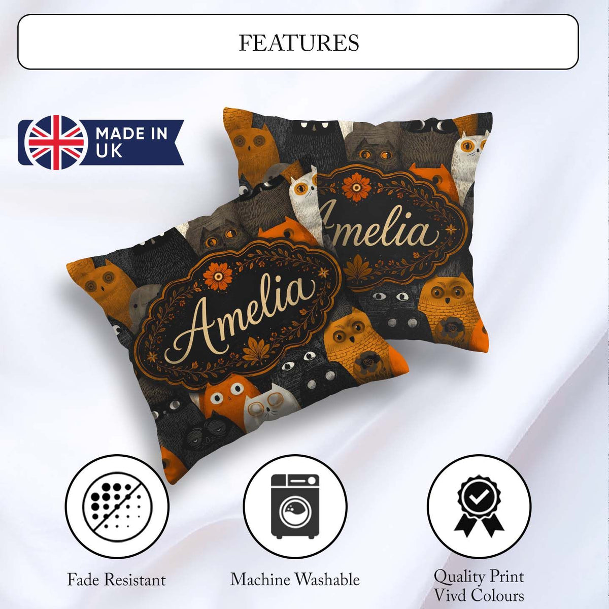 Custom Name Cute Halloween Cats Black Orange Tones Seamless Name Square Filled Cushion Throw Pillow Sofa Bed Home Decor Zip Washable UK Made