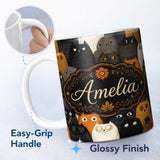 Personalized Custom Name Cute Halloween Cats Black Orange Neutral Tones Seamless Pattern Name 11oz Ceramic Coffee Tea Mug White Large Handle