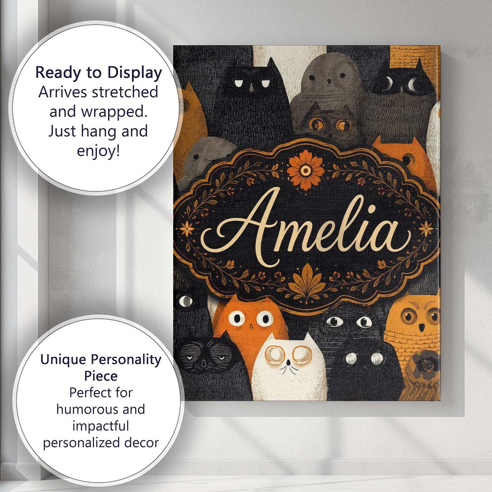Personalised Name Cute Halloween Cats Black Custom  Bespoke Interior Contemporary Canvas Wall Art Print Decor Picture Ready to Hang