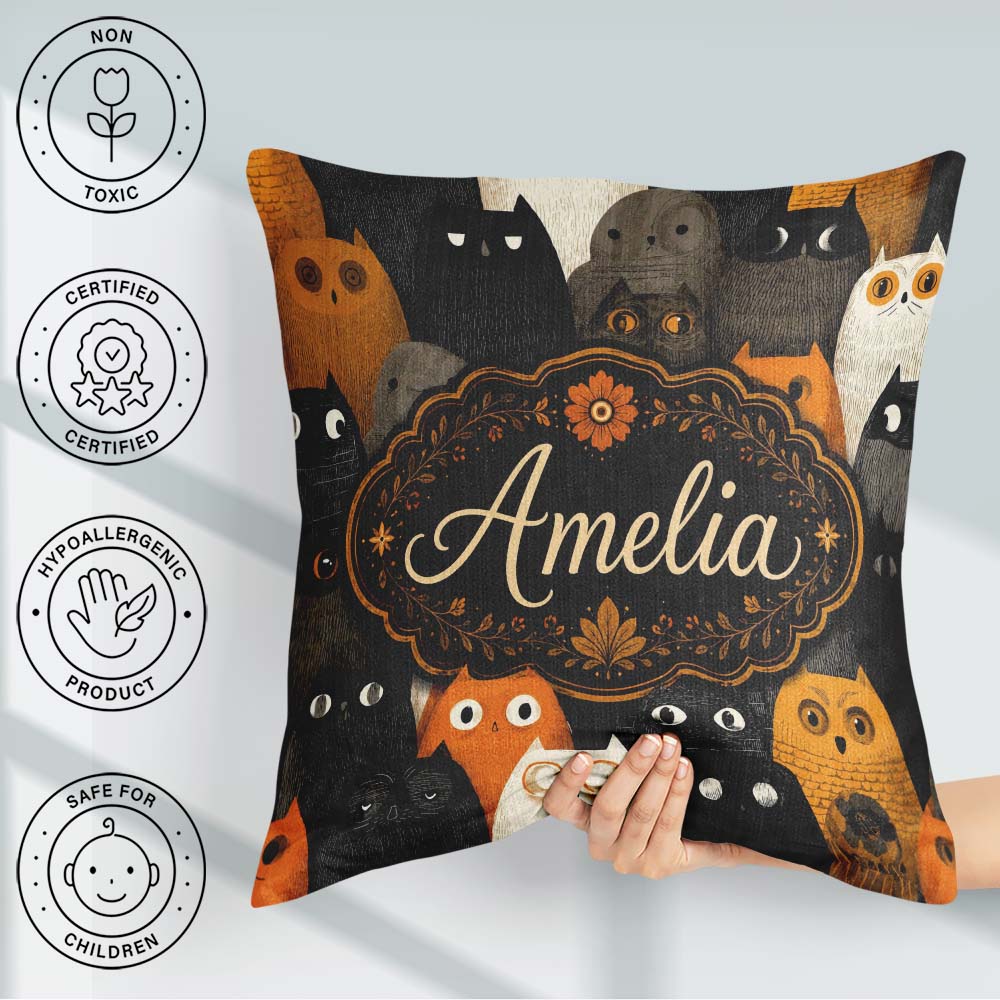 Custom Name Cute Halloween Cats Black Orange Tones Seamless Name Square Filled Cushion Throw Pillow Sofa Bed Home Decor Zip Washable UK Made