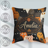 Custom Name Cute Halloween Cats Black Orange Tones Seamless Name Square Filled Cushion Throw Pillow Sofa Bed Home Decor Zip Washable UK Made
