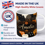 Personalized Custom Name Cute Halloween Cats Black Orange Neutral Tones Seamless Pattern Name 11oz Ceramic Coffee Tea Mug White Large Handle