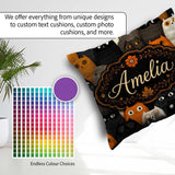Custom Name Cute Halloween Cats Black Orange Tones Seamless Name Square Filled Cushion Throw Pillow Sofa Bed Home Decor Zip Washable UK Made