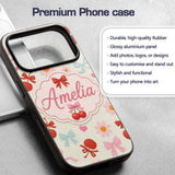 Cute Cherry Bow Daisy Heart Seamless Pattern on Custom Name Protective Phone Case Mobile Cover Durable Everyday Smartphone Shock Resistant
