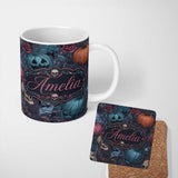 Personalized Custom Name Dark Gothic Pumpkin Skull Floral Vintage Seamless Pattern Custom 11oz Ceramic Coffee Tea Mug White Large Handle