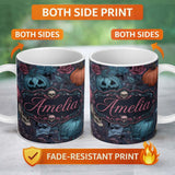 Personalized Custom Name Dark Gothic Pumpkin Skull Floral Vintage Seamless Pattern Custom 11oz Ceramic Coffee Tea Mug White Large Handle