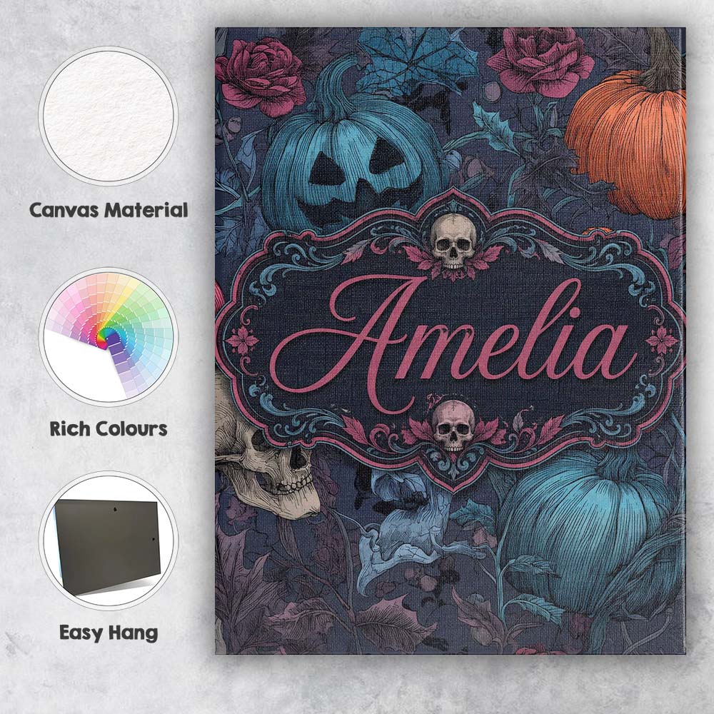 Personalised Name Dark Gothic Pumpkin Skull Custom  Bespoke Interior Contemporary Canvas Wall Art Print Decor Picture Ready to Hang