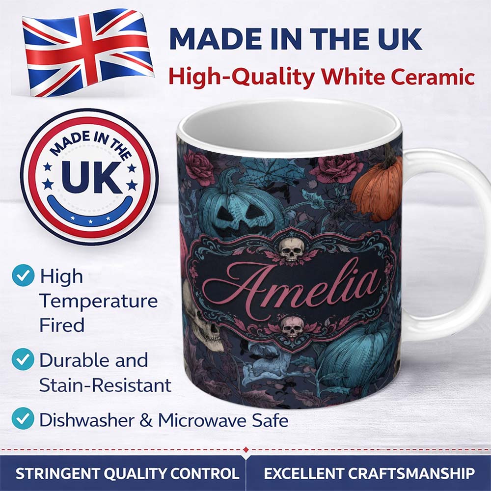 Personalized Custom Name Dark Gothic Pumpkin Skull Floral Vintage Seamless Pattern Custom 11oz Ceramic Coffee Tea Mug White Large Handle