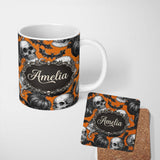 Personalized Custom Name Halloween Skull Bat Pumpkin Orange Background Seamless Pattern Name 11oz Ceramic Coffee Tea Mug White Large Handle