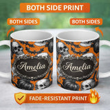 Personalized Custom Name Halloween Skull Bat Pumpkin Orange Background Seamless Pattern Name 11oz Ceramic Coffee Tea Mug White Large Handle