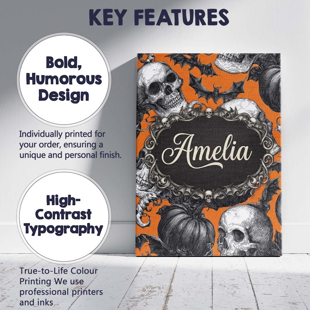 Personalised Name Halloween Skull Bat Custom Modern Room Accent Creative Decorator Style Canvas Wall Art Print Decor Picture Ready to Hang