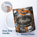 Personalized Custom Name Halloween Skull Bat Pumpkin Orange Background Seamless Pattern Name 11oz Ceramic Coffee Tea Mug White Large Handle