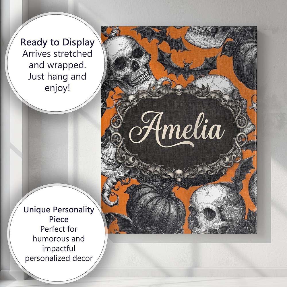 Personalised Name Halloween Skull Bat Custom Modern Room Accent Creative Decorator Style Canvas Wall Art Print Decor Picture Ready to Hang
