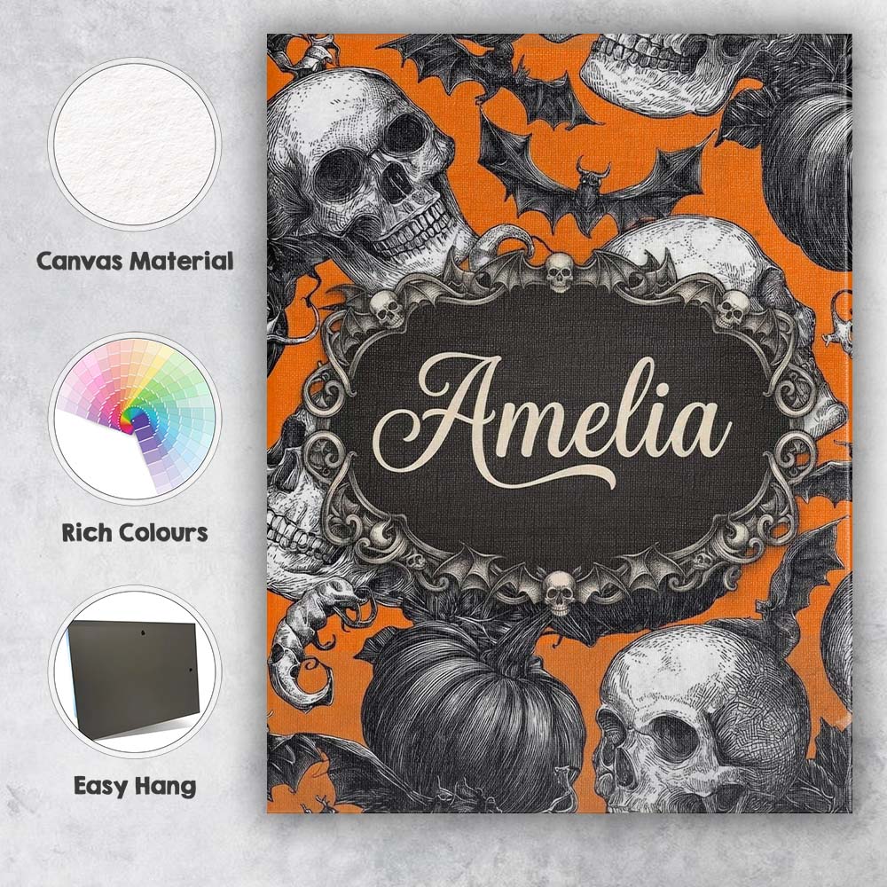 Personalised Name Halloween Skull Bat Custom Modern Room Accent Creative Decorator Style Canvas Wall Art Print Decor Picture Ready to Hang