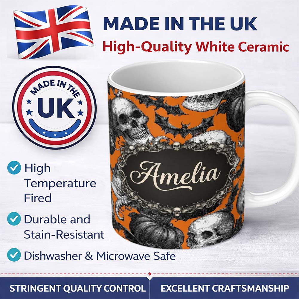 Personalized Custom Name Halloween Skull Bat Pumpkin Orange Background Seamless Pattern Name 11oz Ceramic Coffee Tea Mug White Large Handle