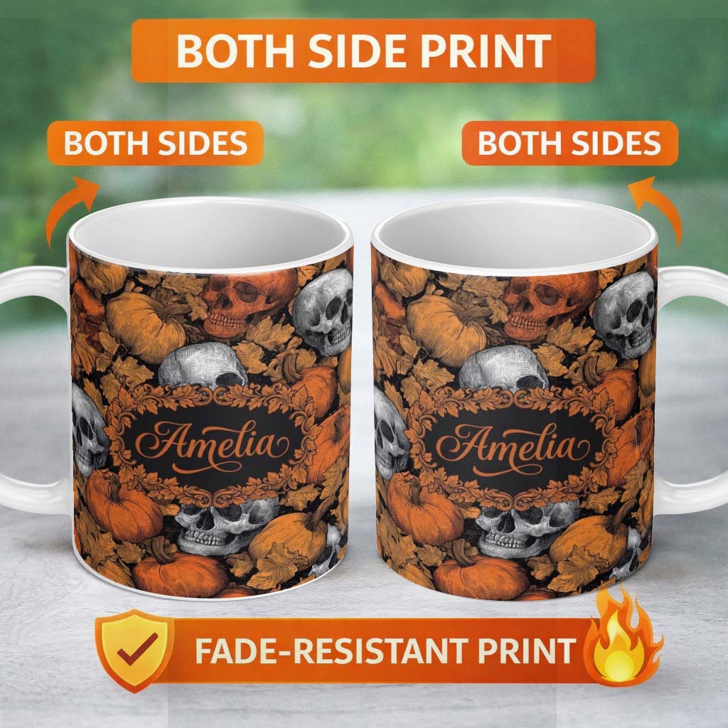 Personalized Custom Name Autumn Skull Pumpkin Leaves Vintage Engraving Seamless Pattern Name 11oz Ceramic Coffee Tea Mug White Large Handle