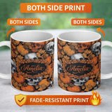 Personalized Custom Name Autumn Skull Pumpkin Leaves Vintage Engraving Seamless Pattern Name 11oz Ceramic Coffee Tea Mug White Large Handle