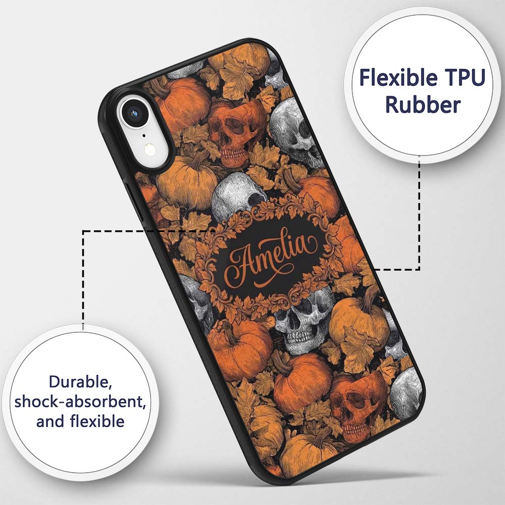 Autumn Skull Pumpkin Leaves Vintage Engraving Custom Name Protective Phone Case Mobile Cover Durable Everyday Smartphone Shock Resistant