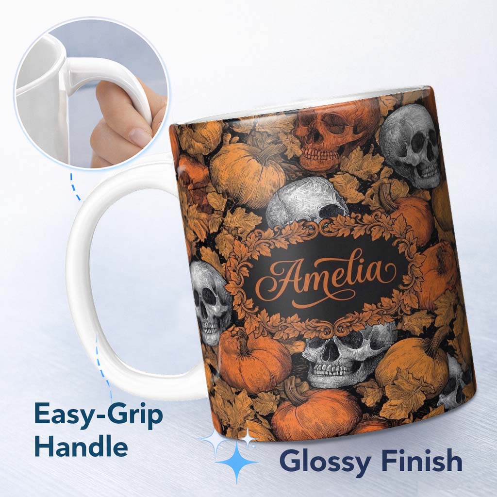 Personalized Custom Name Autumn Skull Pumpkin Leaves Vintage Engraving Seamless Pattern Name 11oz Ceramic Coffee Tea Mug White Large Handle