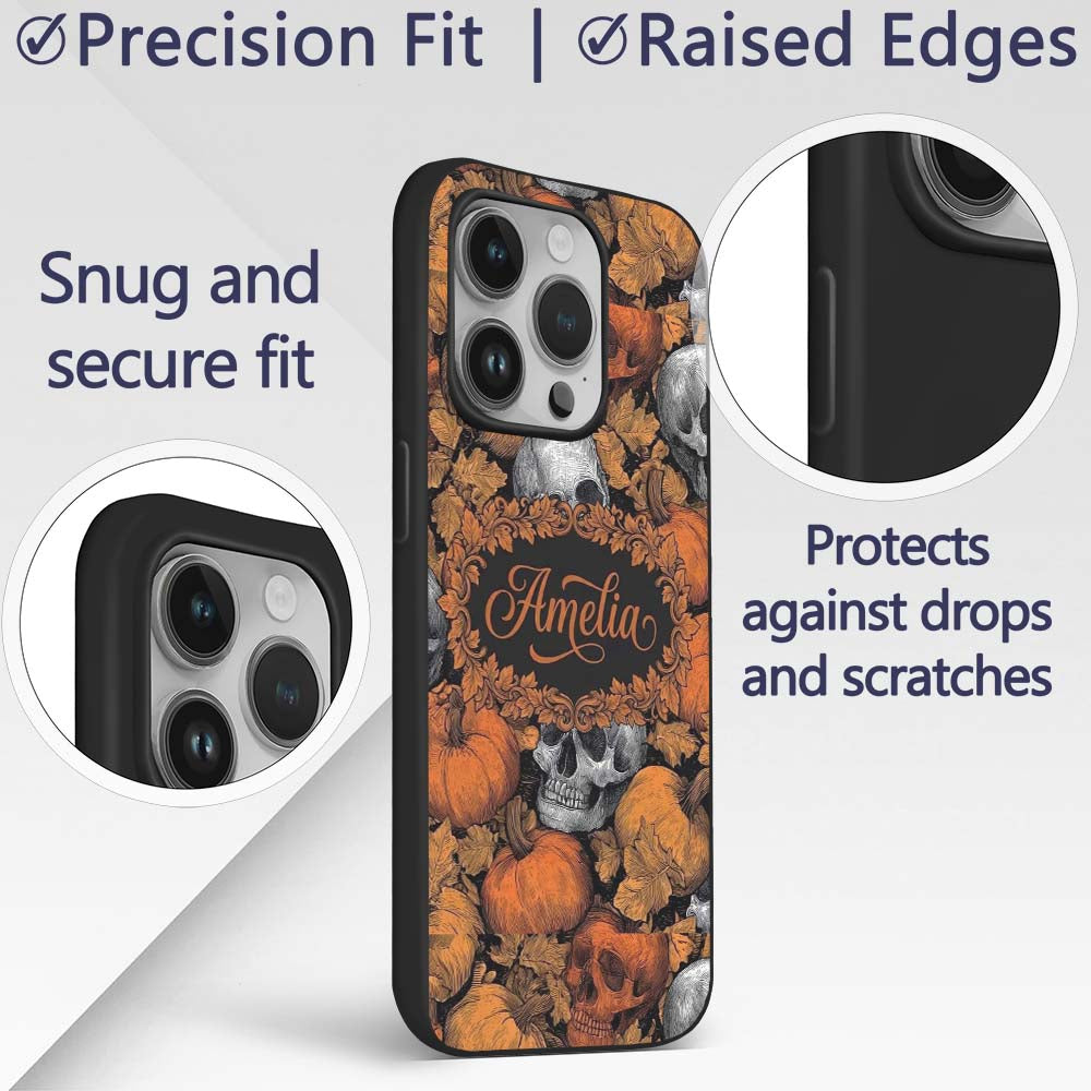 Autumn Skull Pumpkin Leaves Vintage Engraving Custom Name Protective Phone Case Mobile Cover Durable Everyday Smartphone Shock Resistant