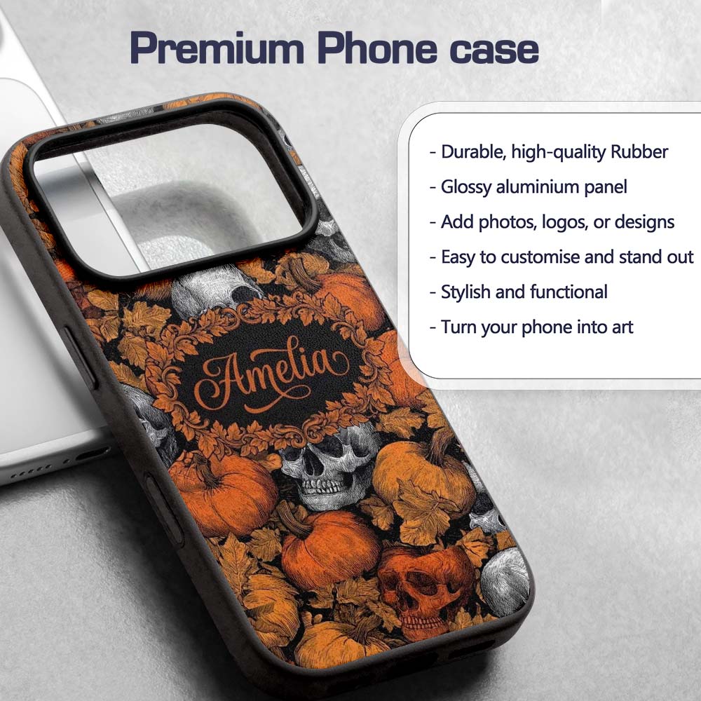 Autumn Skull Pumpkin Leaves Vintage Engraving Custom Name Protective Phone Case Mobile Cover Durable Everyday Smartphone Shock Resistant