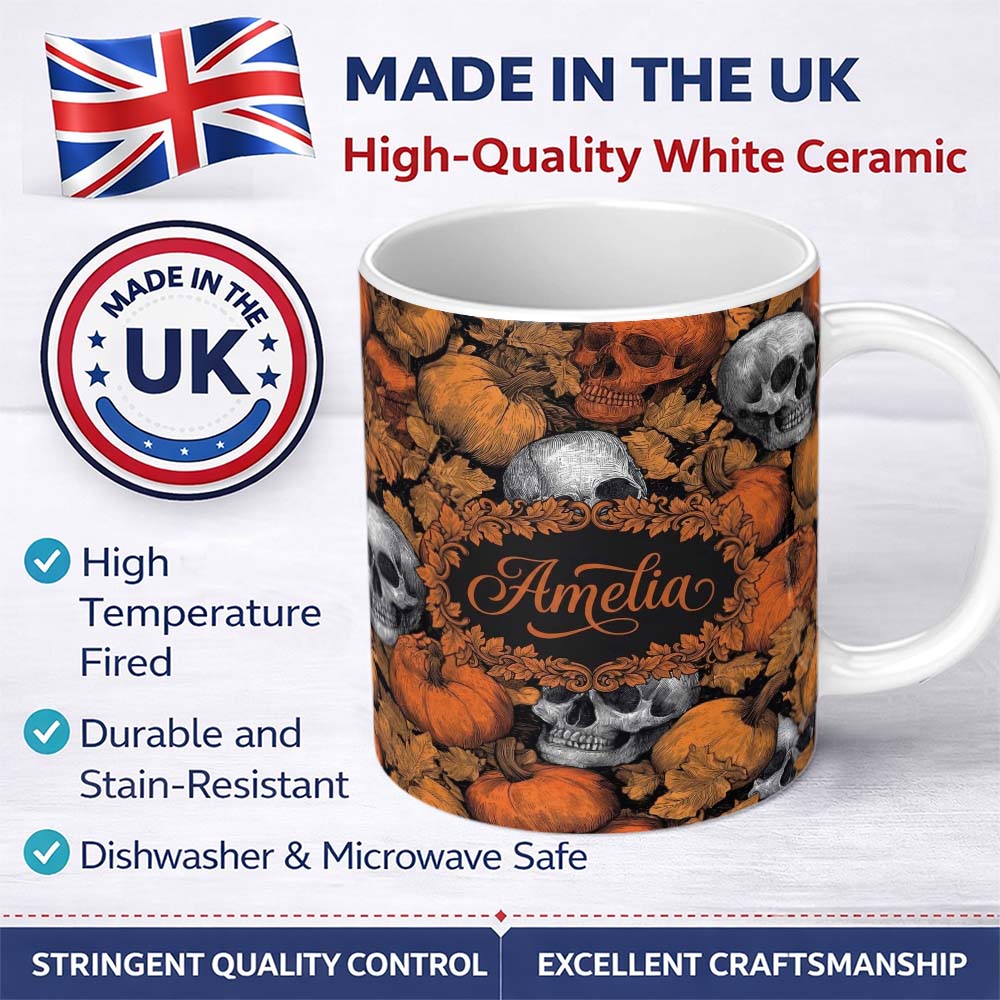 Personalized Custom Name Autumn Skull Pumpkin Leaves Vintage Engraving Seamless Pattern Name 11oz Ceramic Coffee Tea Mug White Large Handle