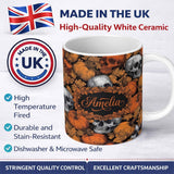 Personalized Custom Name Autumn Skull Pumpkin Leaves Vintage Engraving Seamless Pattern Name 11oz Ceramic Coffee Tea Mug White Large Handle