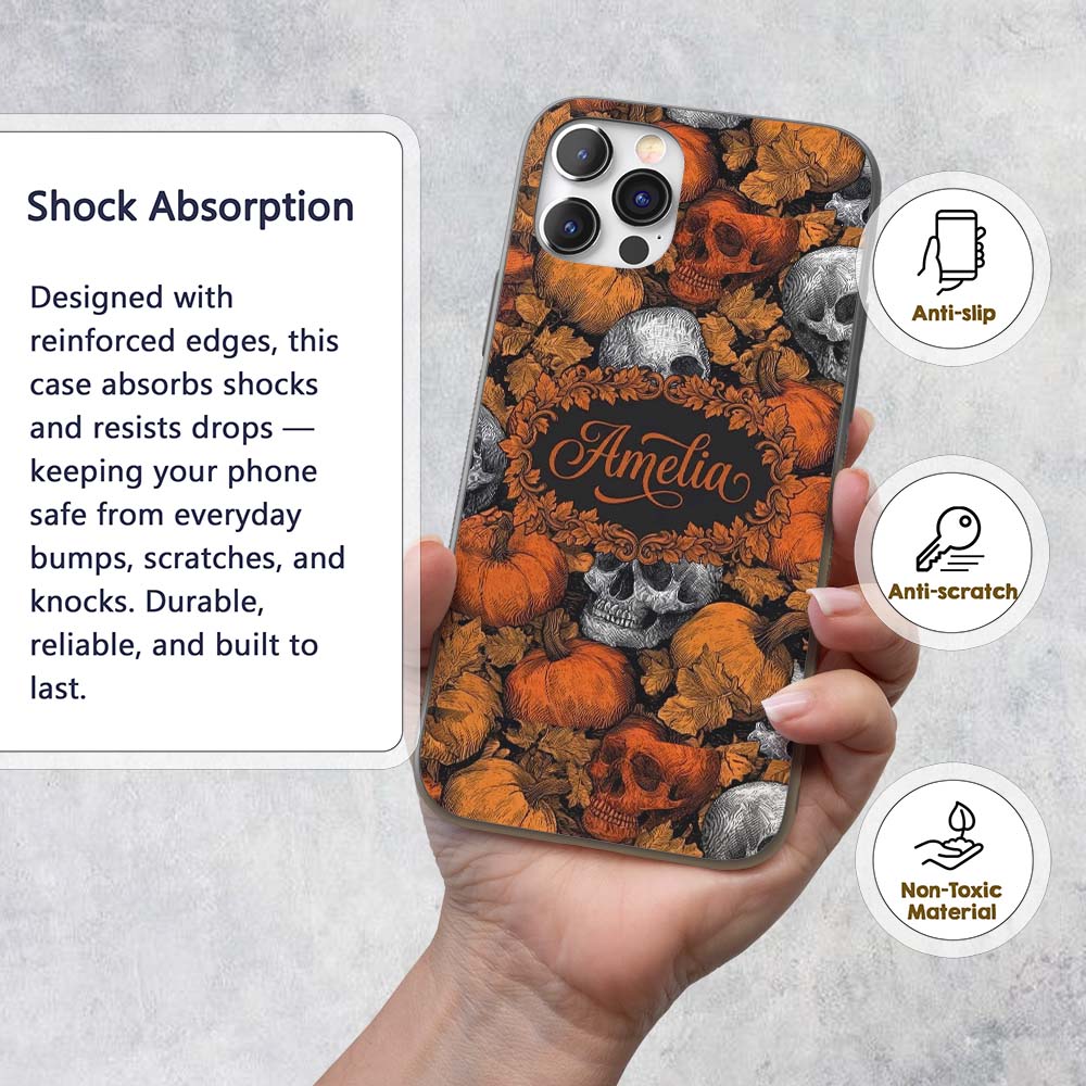 Autumn Skull Pumpkin Leaves Vintage Engraving Custom Name Protective Phone Case Mobile Cover Durable Everyday Smartphone Shock Resistant