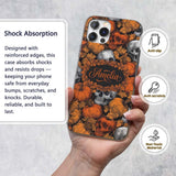 Autumn Skull Pumpkin Leaves Vintage Engraving Custom Name Protective Phone Case Mobile Cover Durable Everyday Smartphone Shock Resistant