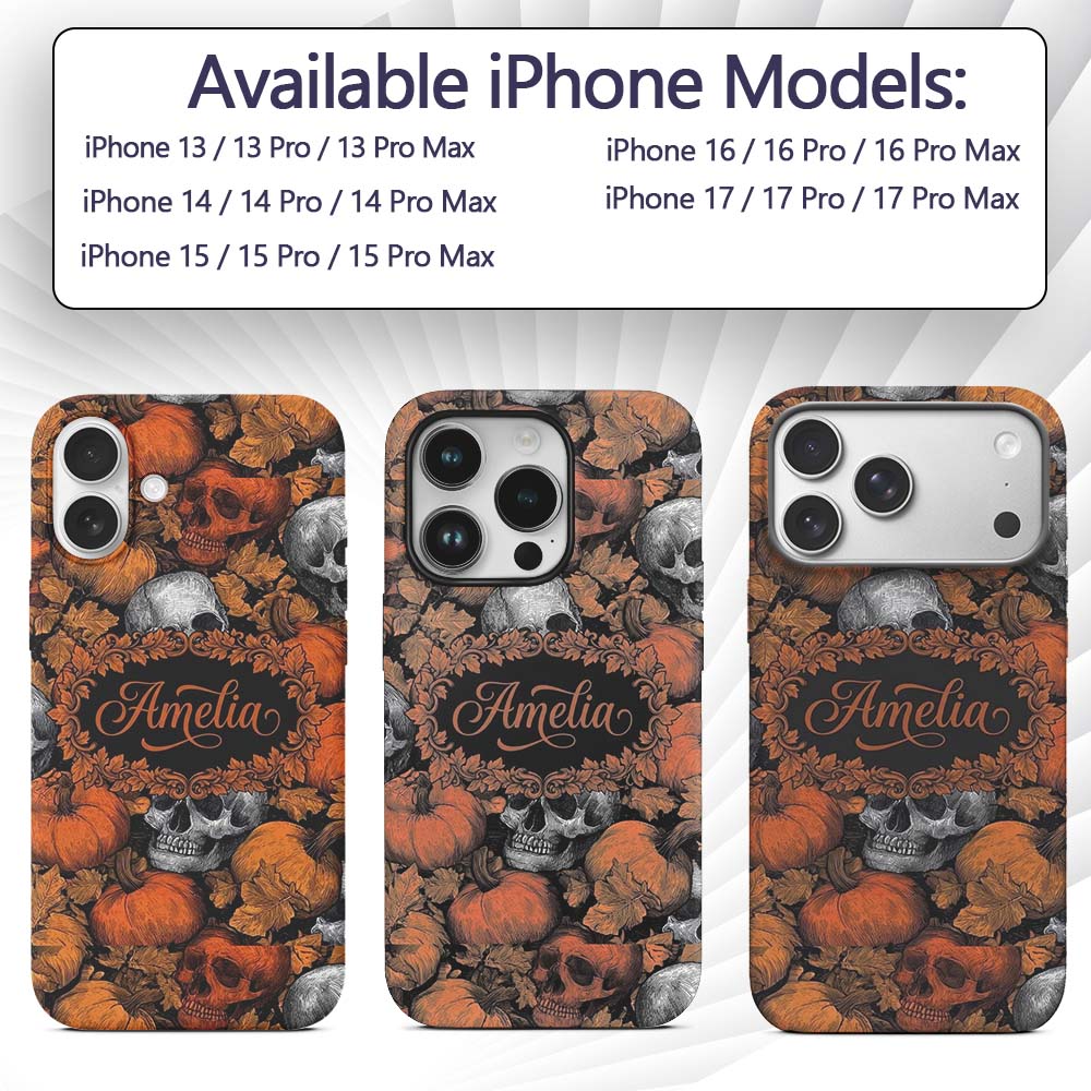 Autumn Skull Pumpkin Leaves Vintage Engraving Custom Name Protective Phone Case Mobile Cover Durable Everyday Smartphone Shock Resistant