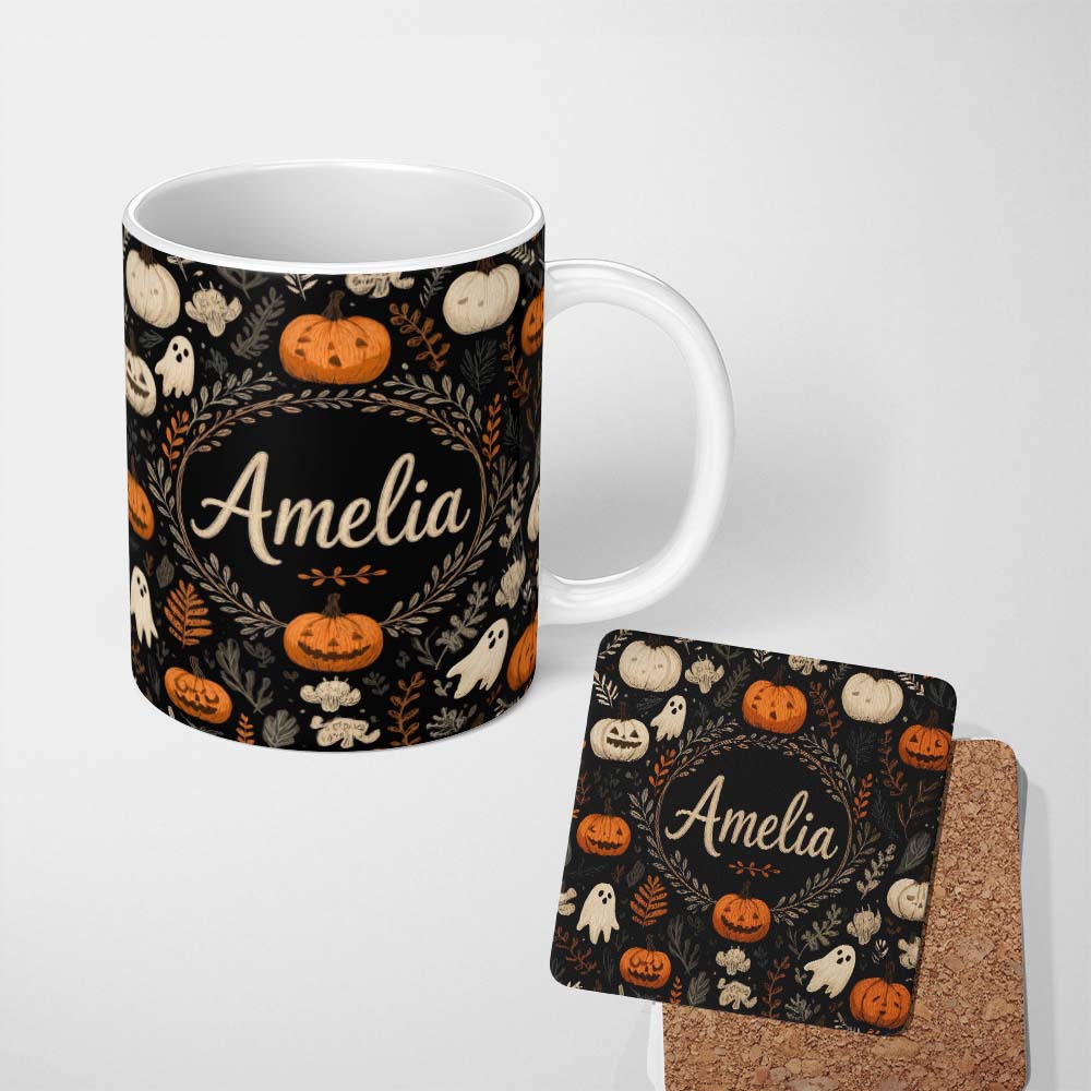 Personalized Custom Name Cute Halloween Ghost Pumpkin Autumn Leaves Seamless Pattern Name 11oz Ceramic Coffee Tea Mug White Large Handle