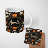Personalized Custom Name Cute Halloween Ghost Pumpkin Autumn Leaves Seamless Pattern Name 11oz Ceramic Coffee Tea Mug White Large Handle