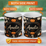 Personalized Custom Name Cute Halloween Ghost Pumpkin Autumn Leaves Seamless Pattern Name 11oz Ceramic Coffee Tea Mug White Large Handle