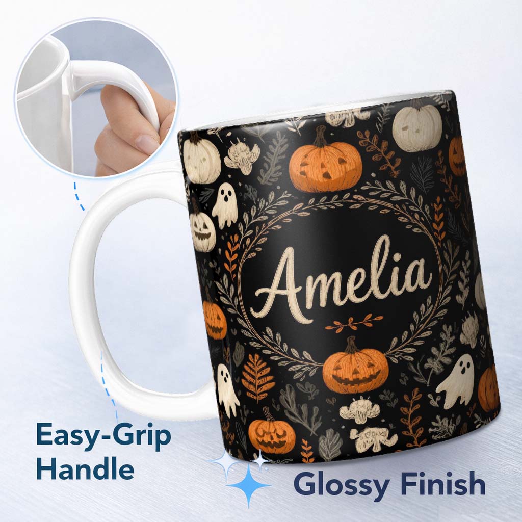Personalized Custom Name Cute Halloween Ghost Pumpkin Autumn Leaves Seamless Pattern Name 11oz Ceramic Coffee Tea Mug White Large Handle
