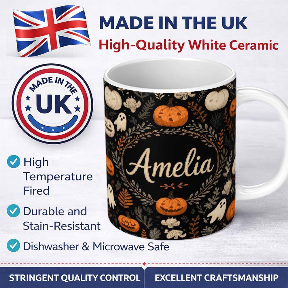 Personalized Custom Name Cute Halloween Ghost Pumpkin Autumn Leaves Seamless Pattern Name 11oz Ceramic Coffee Tea Mug White Large Handle