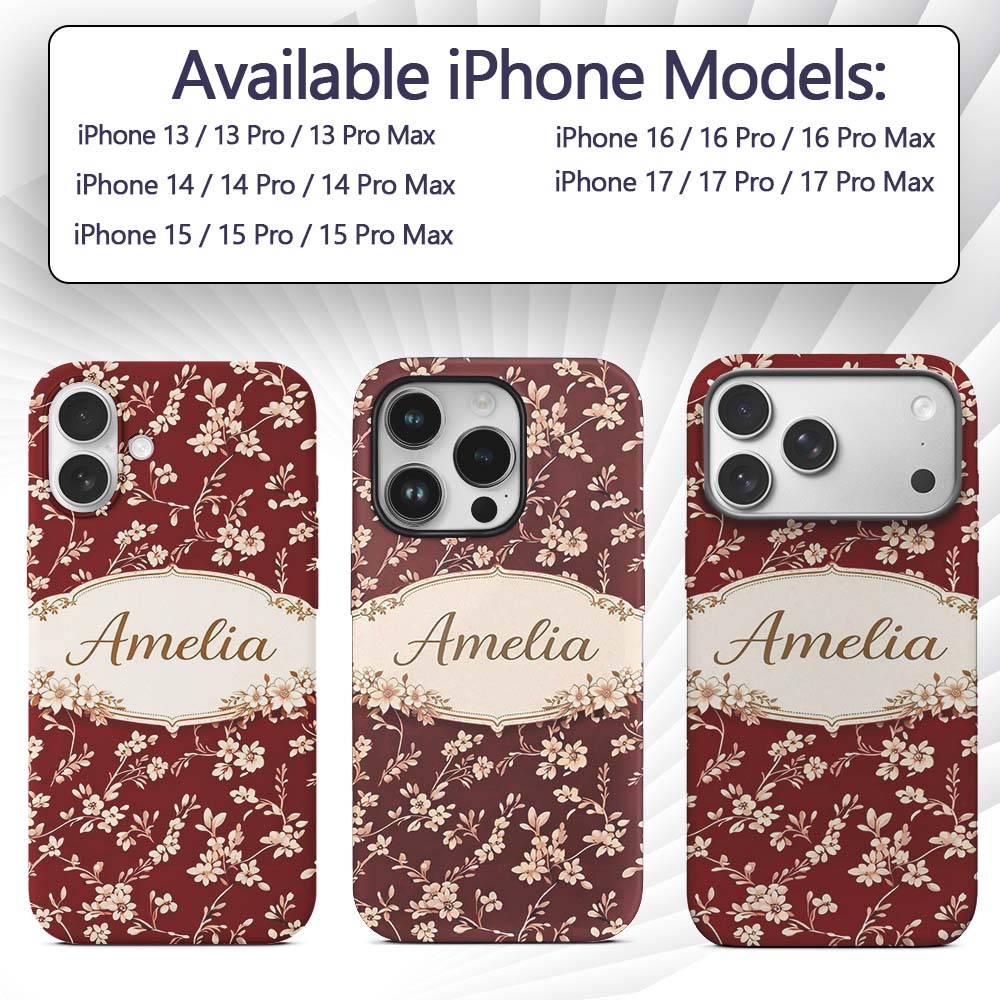 Red Vintage Floral Seamless Pattern Charming Custom Name Protective Phone Case Mobile Cover Durable Everyday Smartphone Shock Resistant