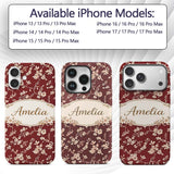 Red Vintage Floral Seamless Pattern Charming Custom Name Protective Phone Case Mobile Cover Durable Everyday Smartphone Shock Resistant
