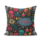 Custom Name Spooky Halloween Skull Eye Witchy Seamless Name Cute Square Filled Cushion Throw Pillow Sofa Bed Home Decor Zip Washable UK Made