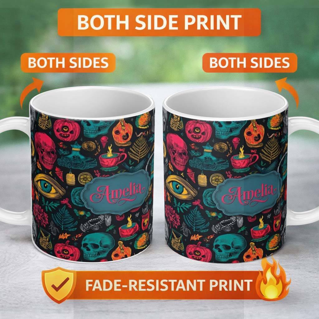Personalized Custom Name Spooky Halloween Symbols Skull Eye Witchy Seamless Pattern Name Cute 11oz Ceramic Coffee Tea Mug White Large Handle