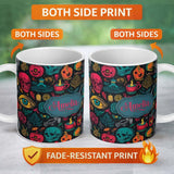 Personalized Custom Name Spooky Halloween Symbols Skull Eye Witchy Seamless Pattern Name Cute 11oz Ceramic Coffee Tea Mug White Large Handle