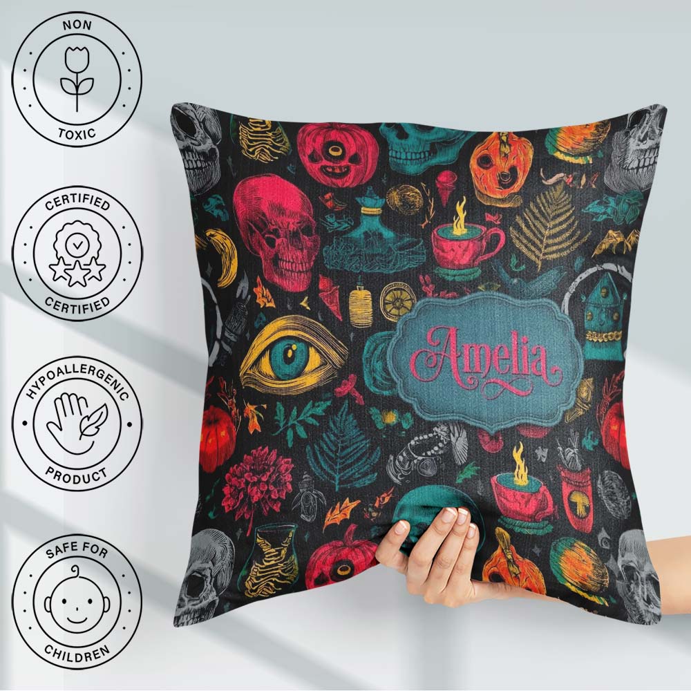 Custom Name Spooky Halloween Skull Eye Witchy Seamless Name Cute Square Filled Cushion Throw Pillow Sofa Bed Home Decor Zip Washable UK Made