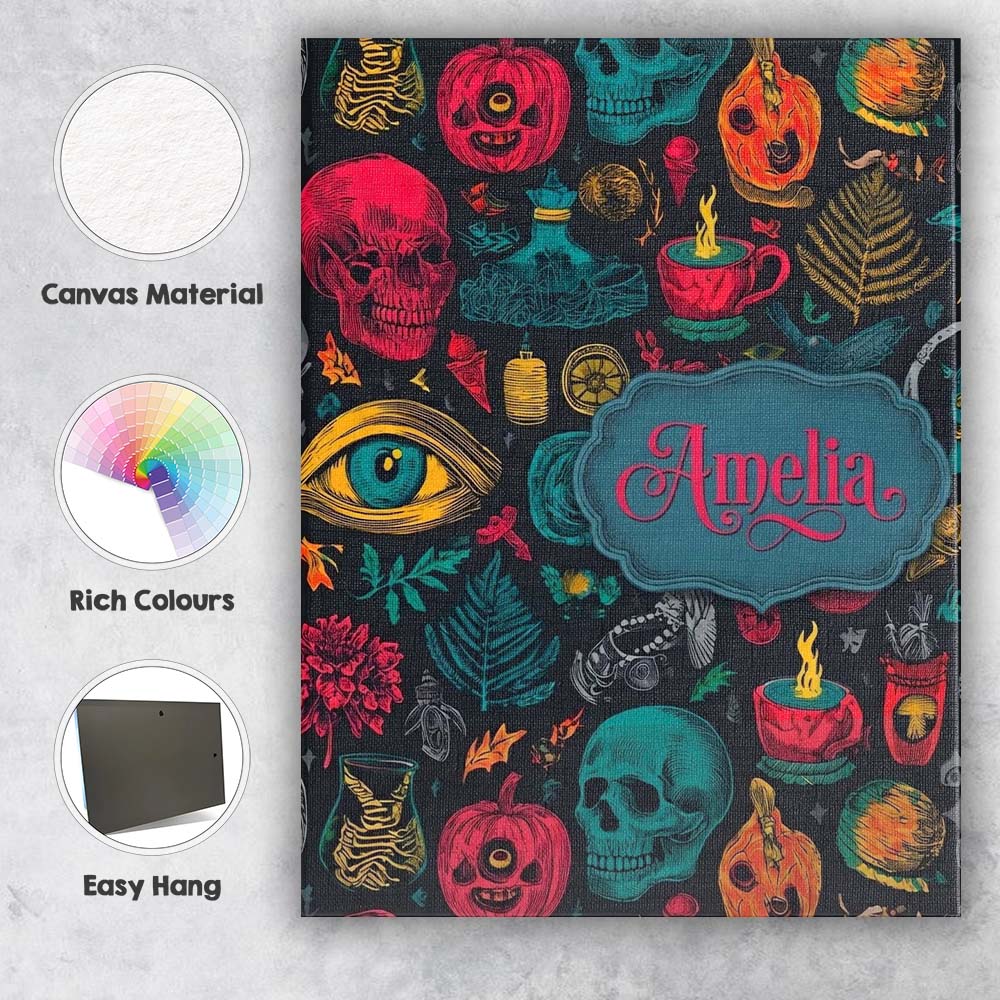 Personalised Name Spooky Halloween Symbols Custom  Unique Gift Idea Elegant Feature Canvas Wall Art Print Decor Picture Ready to Hang
