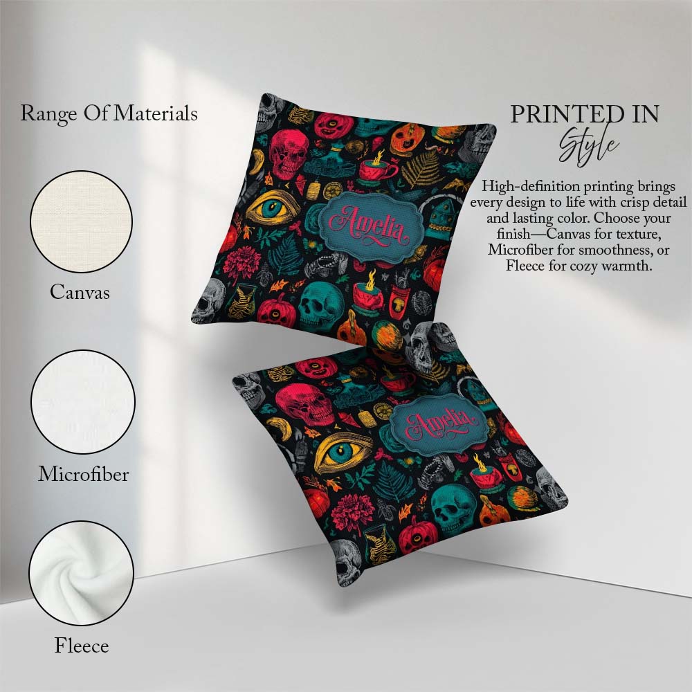 Custom Name Spooky Halloween Skull Eye Witchy Seamless Name Cute Square Filled Cushion Throw Pillow Sofa Bed Home Decor Zip Washable UK Made