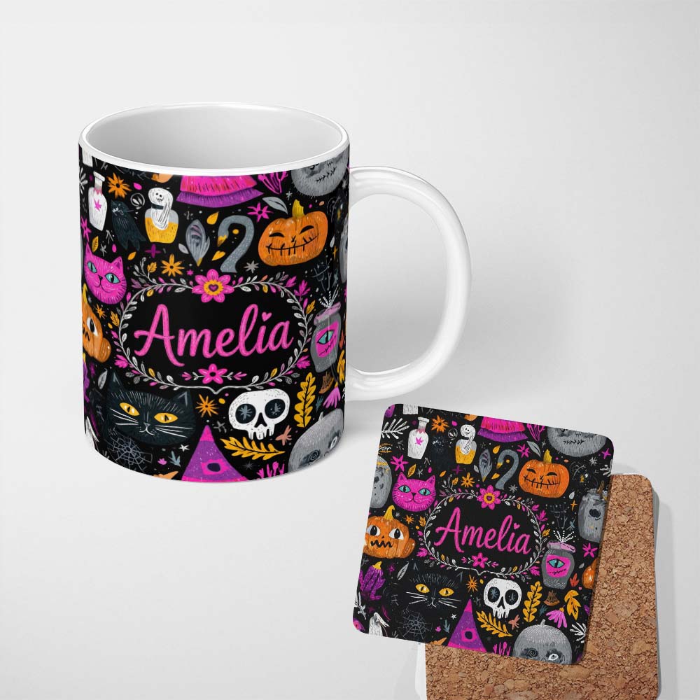 Personalized Custom Name Cute Halloween Cat Swan Pumpkin Magic Seamless Pattern Name Unique 11oz Ceramic Coffee Tea Mug White Large Handle