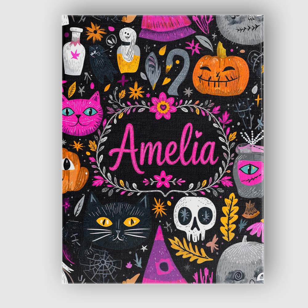 Personalised Name Cute Halloween Cat Swan Custom  Unique Gift Idea Elegant Feature Canvas Wall Art Print Decor Picture Ready to Hang