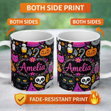 Personalized Custom Name Cute Halloween Cat Swan Pumpkin Magic Seamless Pattern Name Unique 11oz Ceramic Coffee Tea Mug White Large Handle